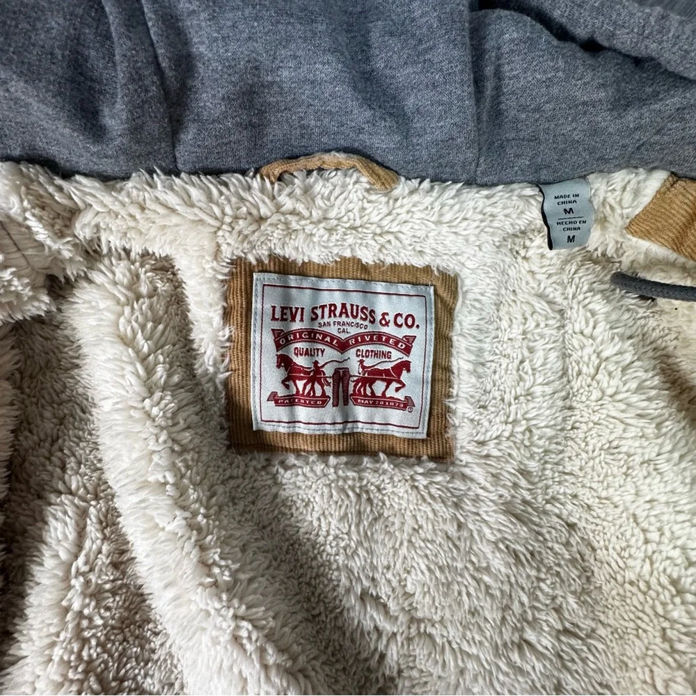Levi's Corduroy Sherpa Lined Trucker Jacket Tan Sweat Shirt‎ Hood Sz Medium Mens